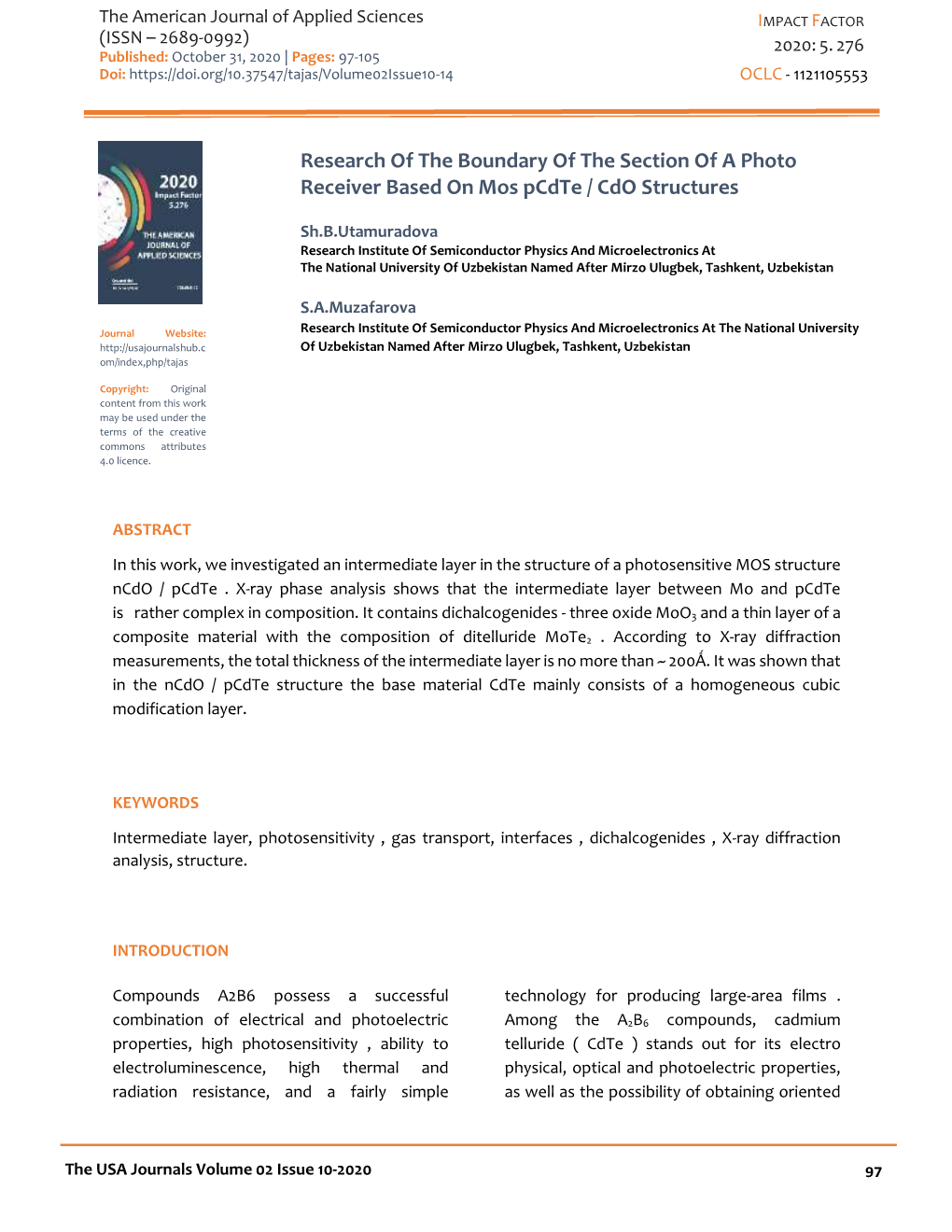 Research of the Boundary of the Section of a Photo Receiver Based on Mos Pcdte / Cdo Structures