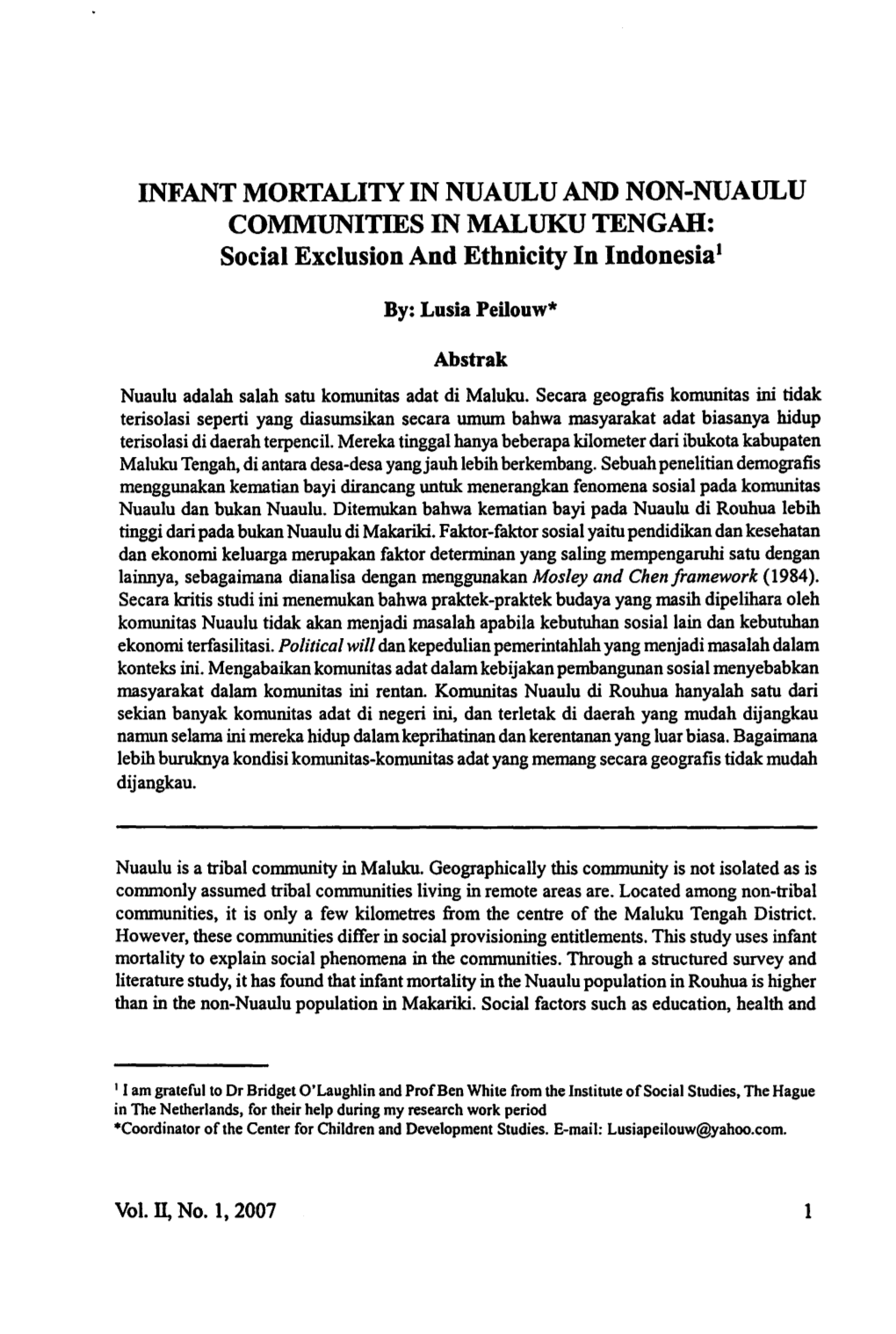 INFANT MORTALITY in NUAULU and NON-NUAULU COMMUNITIES in MALUKU TENGAH: Social Exclusion and Ethnicity in Indonesia1