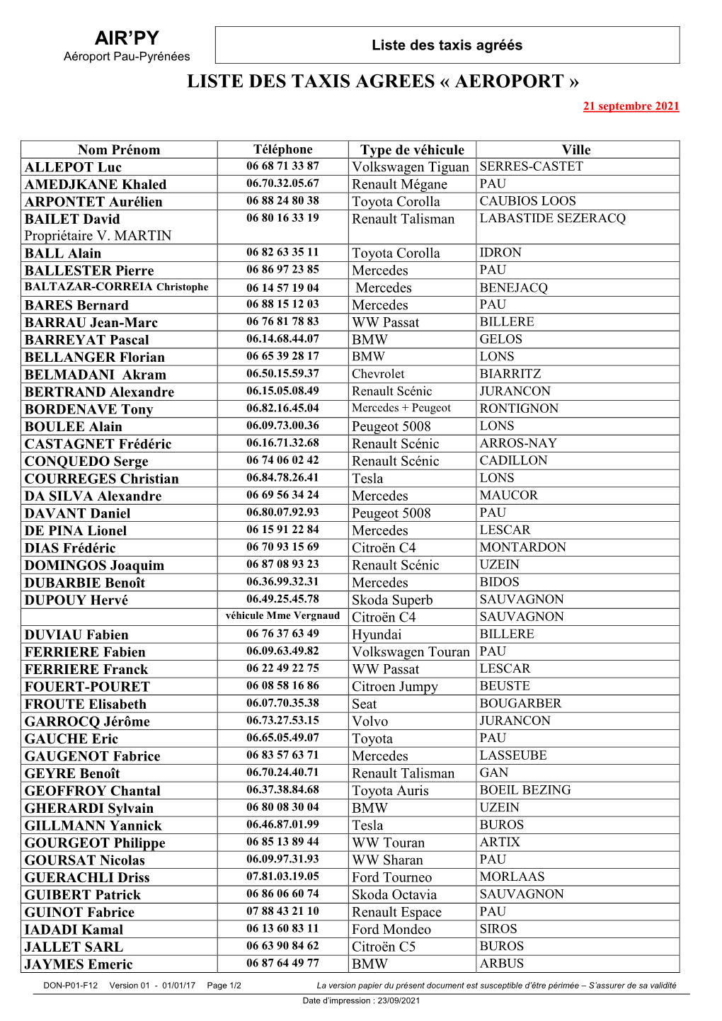 Liste Des Taxis Agréés Aéroport Pau-Pyrénées