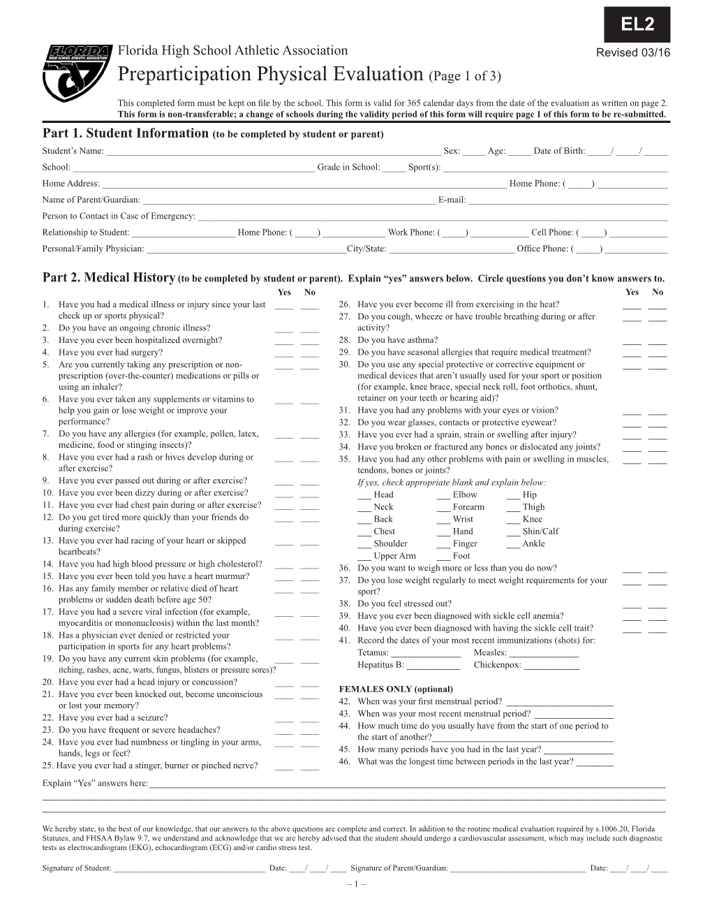 Preparticipation Physical Evaluation (Page 1 of 3)