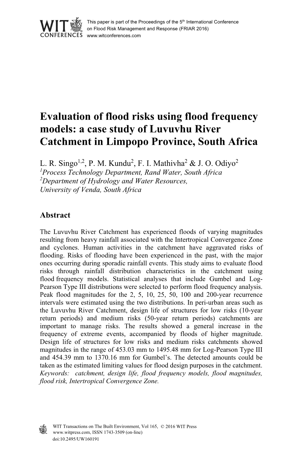 Evaluation of Flood Risks Using Flood Frequency Models: a Case Study of Luvuvhu River Catchment in Limpopo Province, South Africa