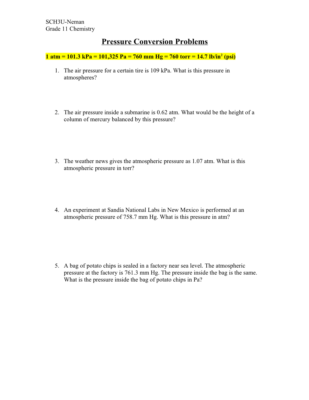 Pressure Conversion Problems