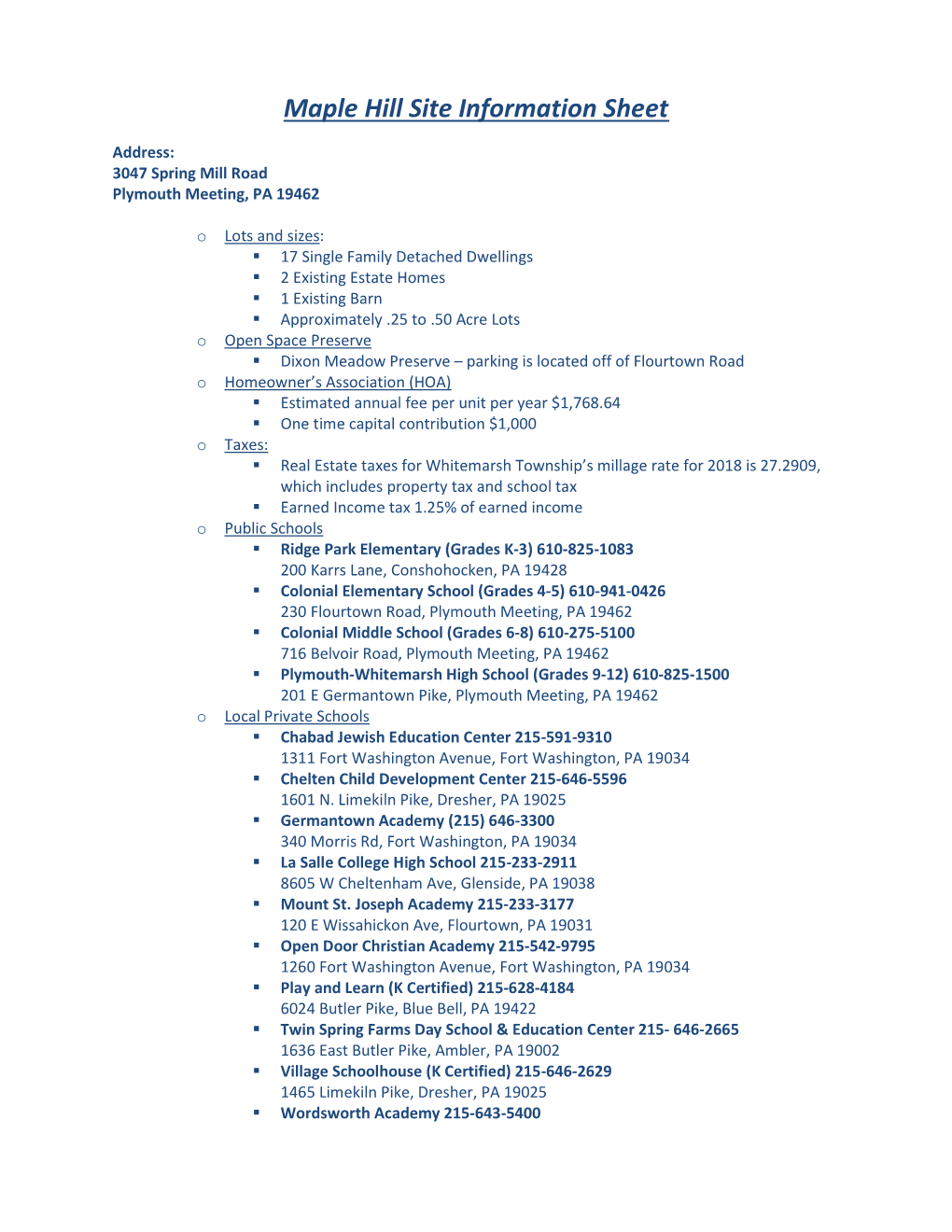 Maple Hill Site Information Sheet