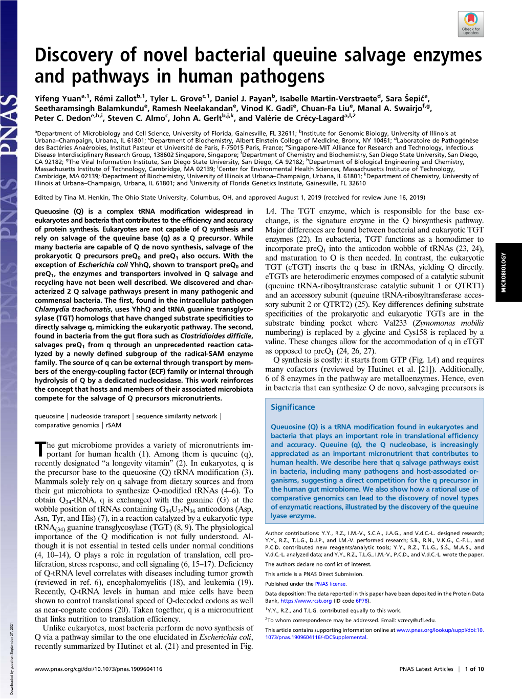 Discovery of Novel Bacterial Queuine Salvage Enzymes and Pathways in Human Pathogens