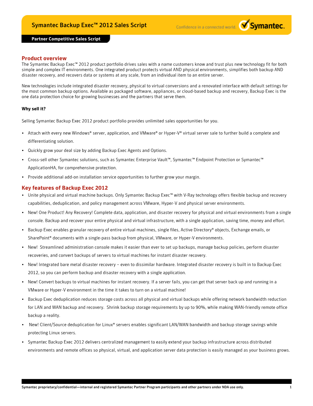 Symantec Backup Exec™ 2012 Sales Script