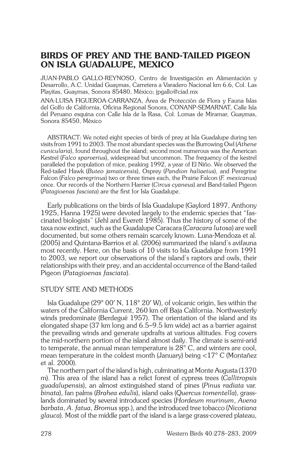 BIRDS of PREY and the BAND-TAILED PIGEON on ISLA GUADALUPE, MEXICO JUAN-PABLO GALLO-REYNOSO, Centro De Investigación En Alimentación Y Desarrollo, A.C