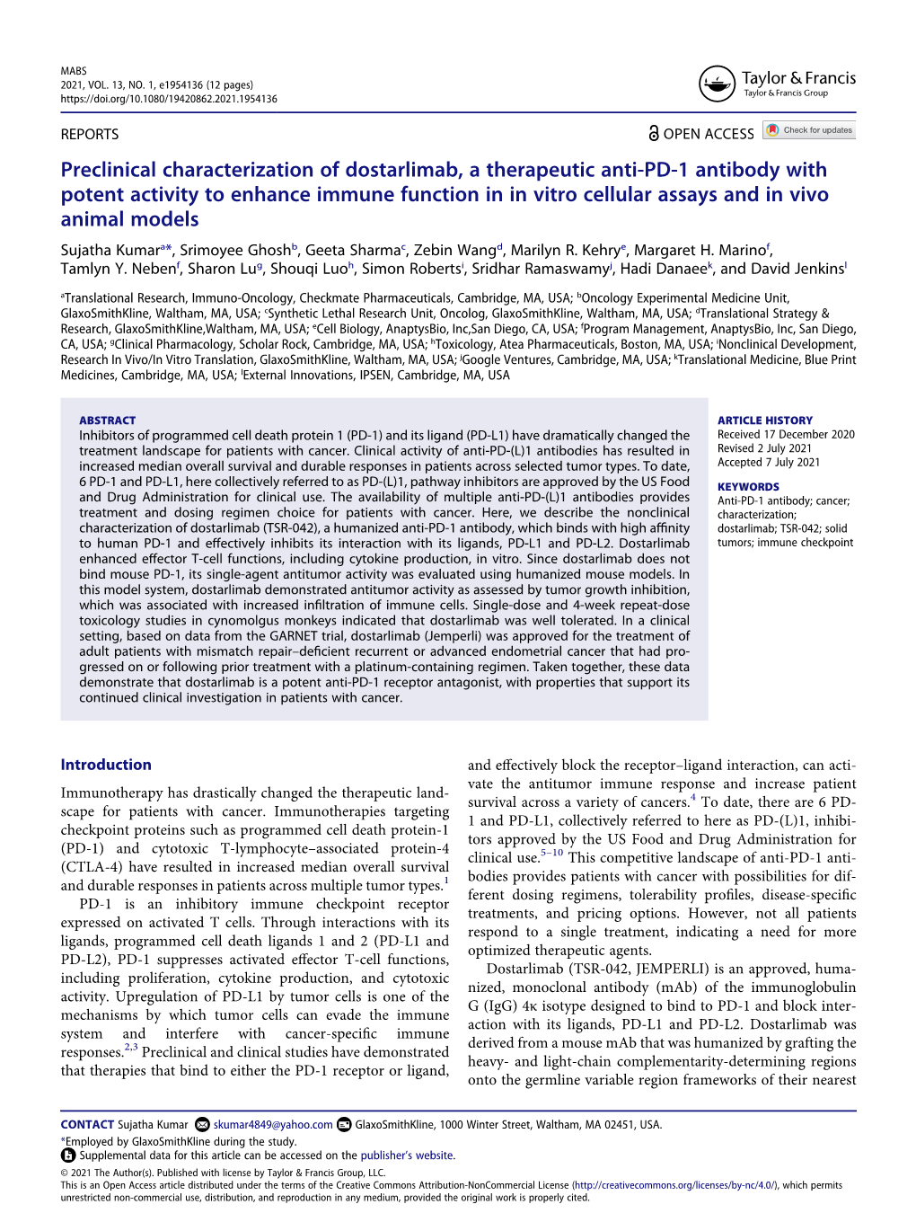 Preclinical Characterization of Dostarlimab, a Therapeutic Anti-PD