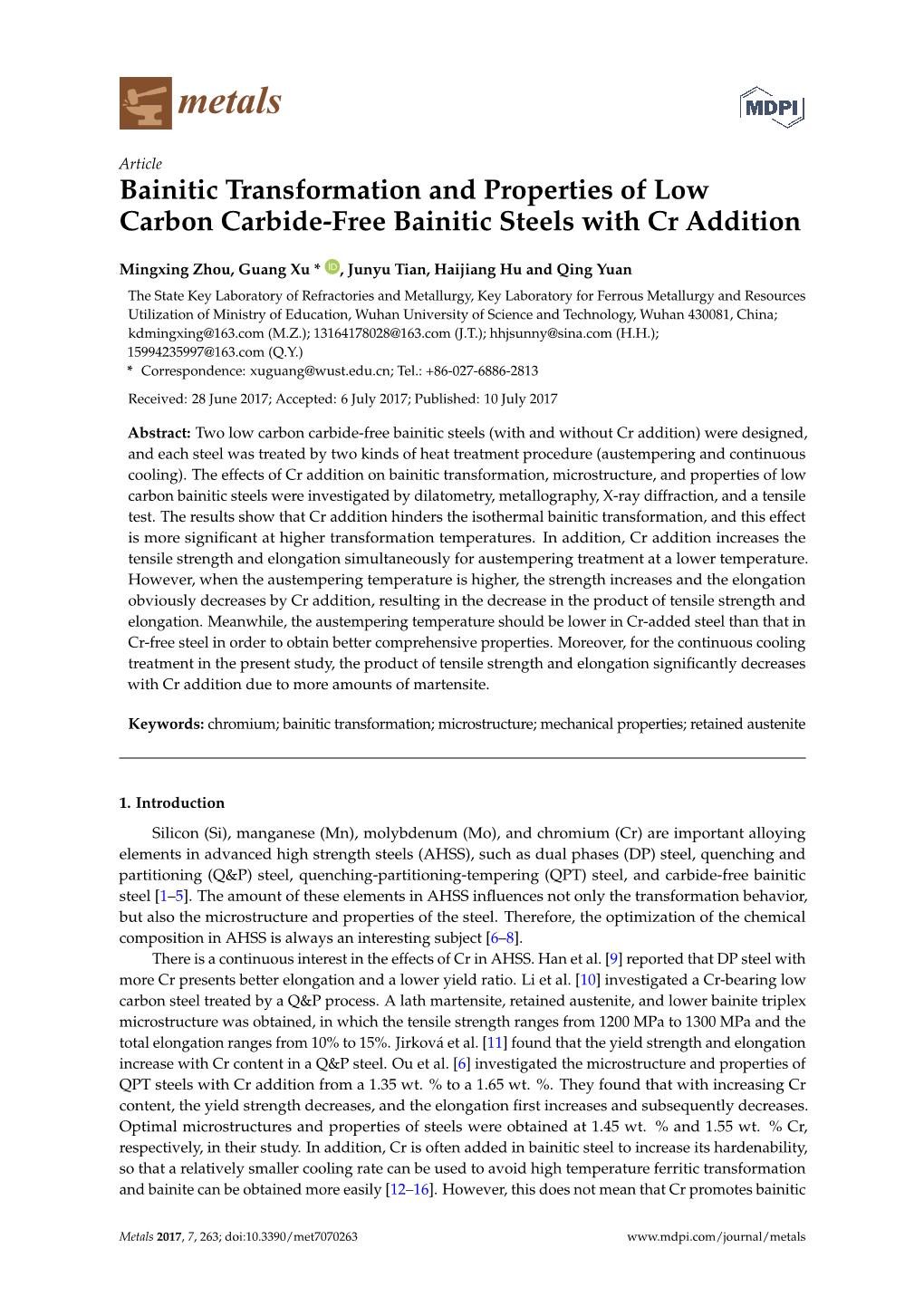 Bainitic Transformation and Properties of Low Carbon Carbide-Free Bainitic Steels with Cr Addition