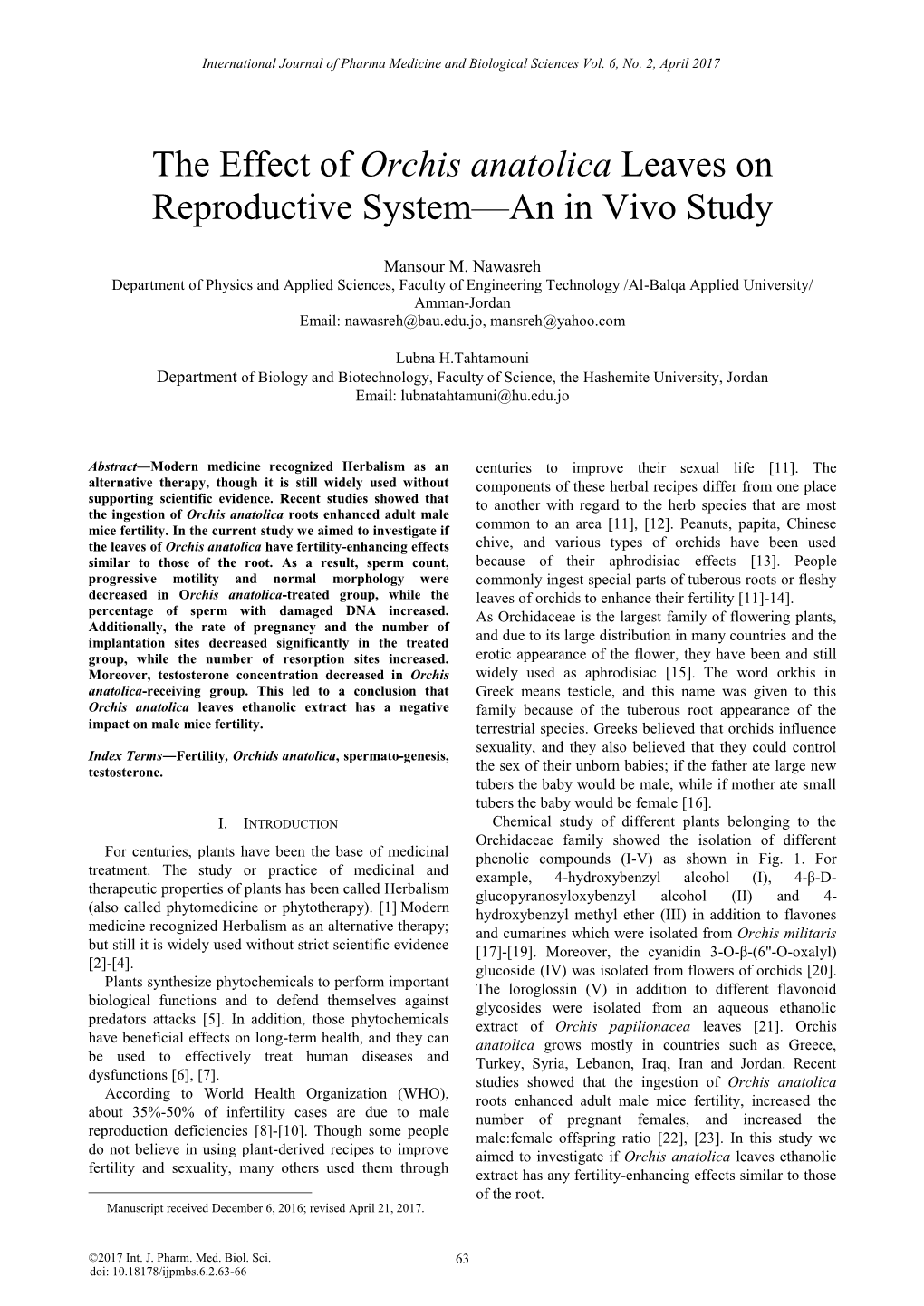 Orchis Anatolica Leaves on Reproductive System—An in Vivo Study