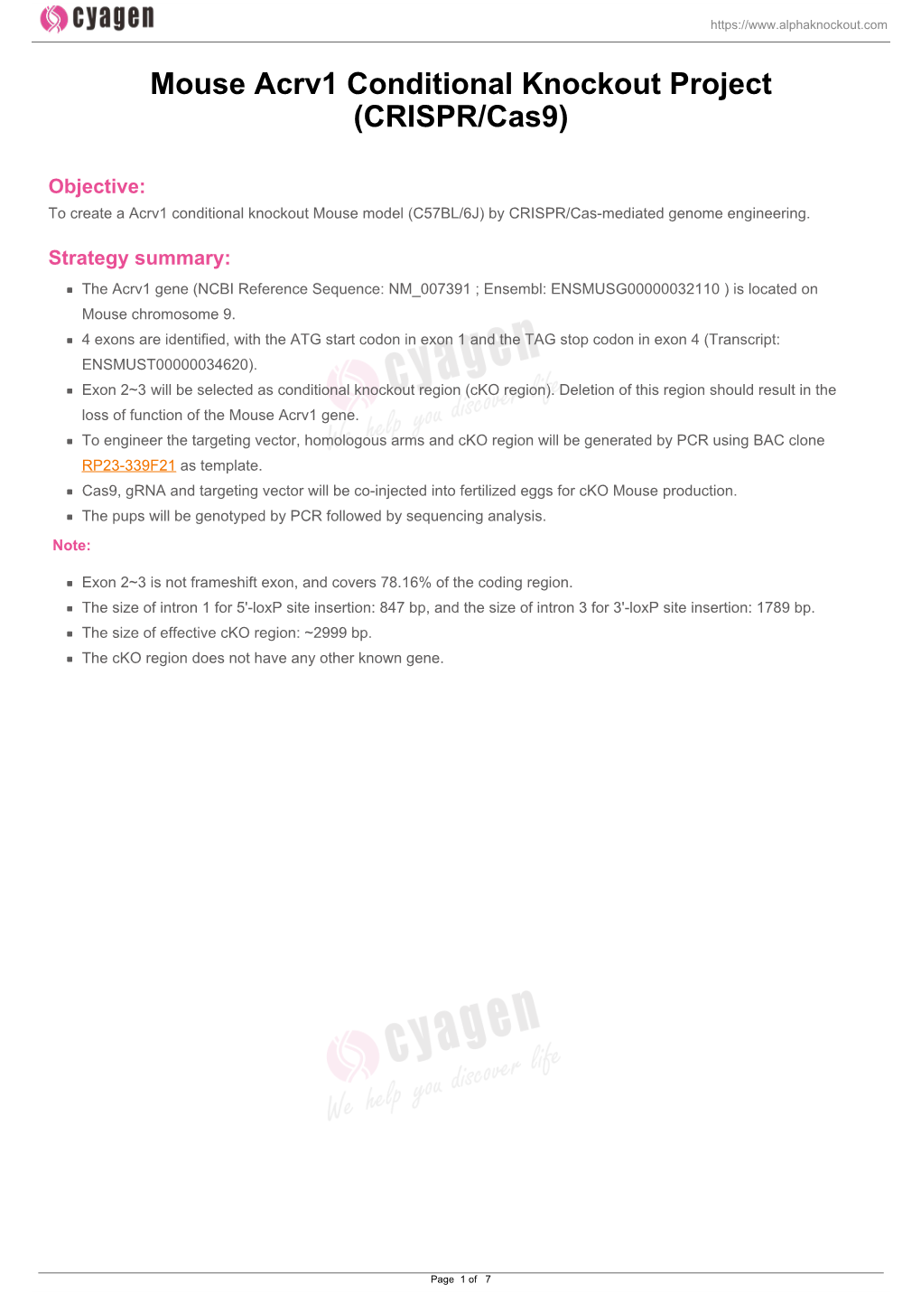 Mouse Acrv1 Conditional Knockout Project (CRISPR/Cas9)