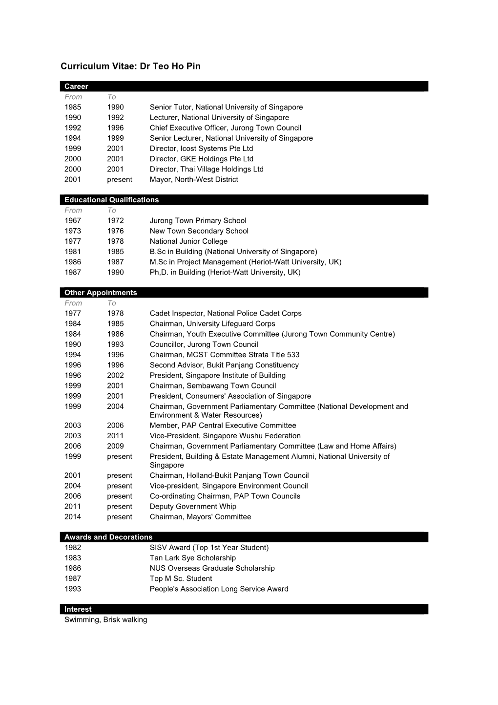 Curriculum Vitae: Dr Teo Ho Pin