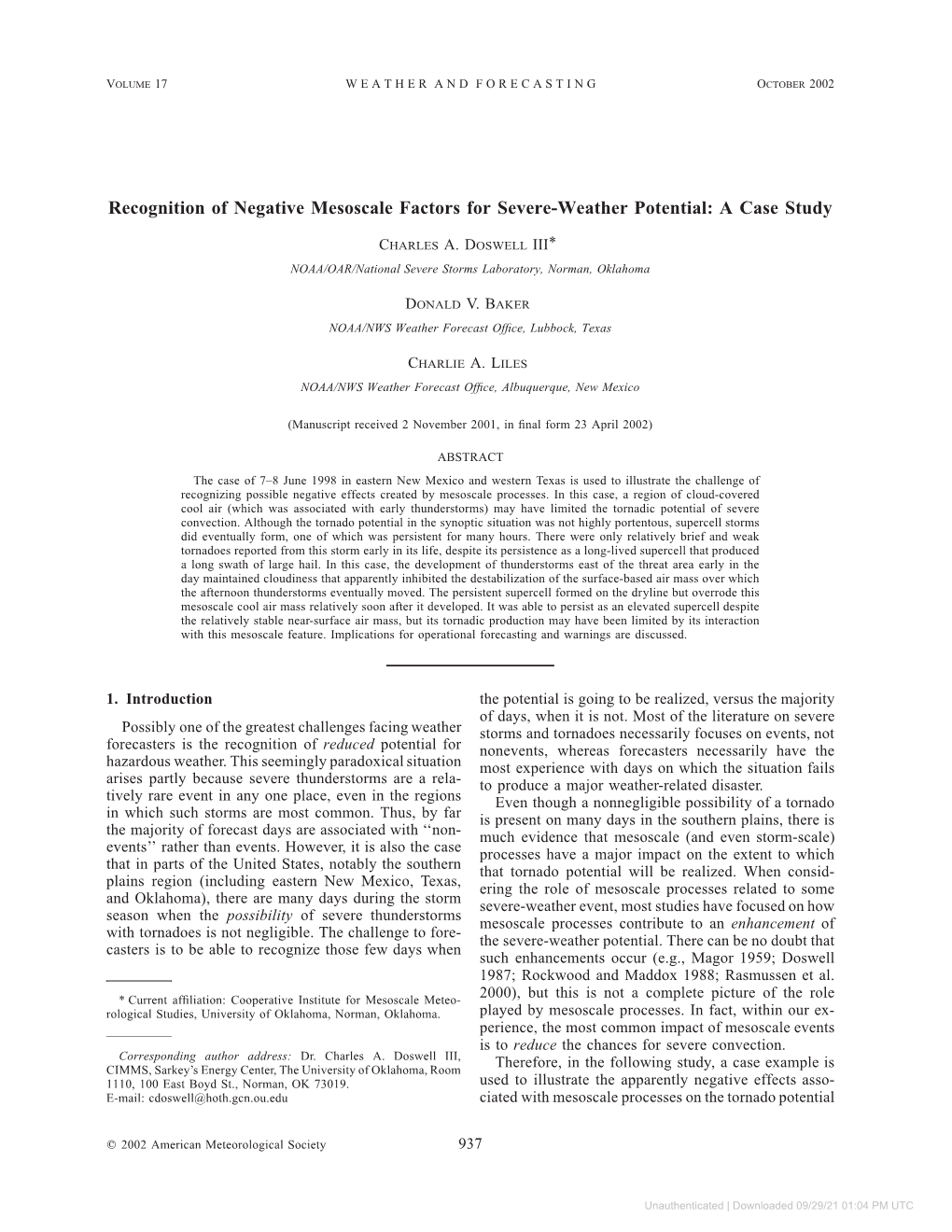 Downloaded 09/29/21 01:04 PM UTC 938 WEATHER and FORECASTING VOLUME 17 of Subsequent Deep Moist Convection