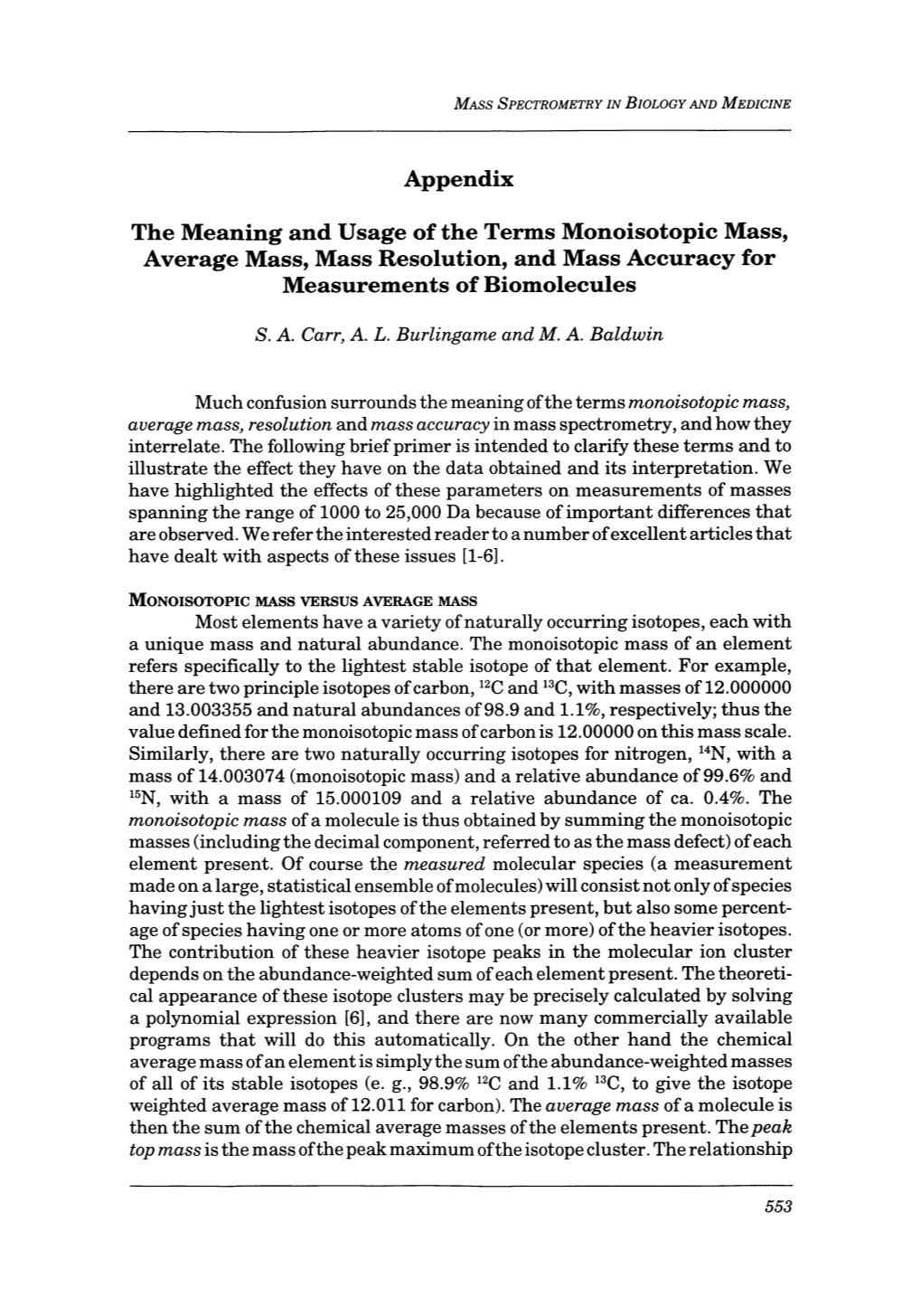 Appendix the Meaning and Usage of the Terms Monoisotopic Mass