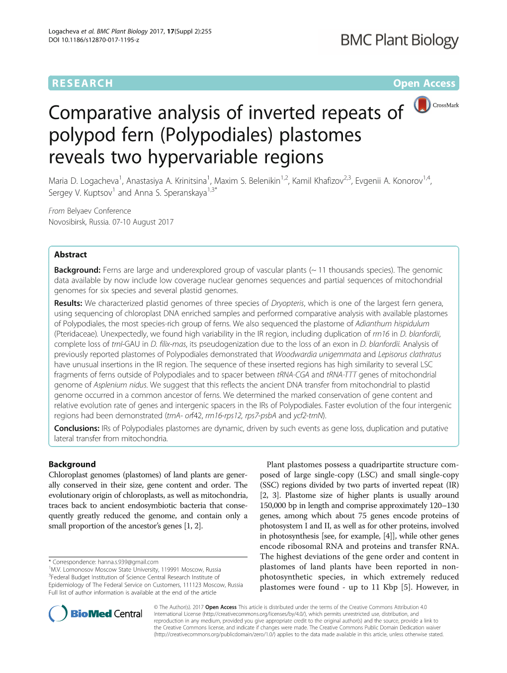 (Polypodiales) Plastomes Reveals Two Hypervariable Regions Maria D