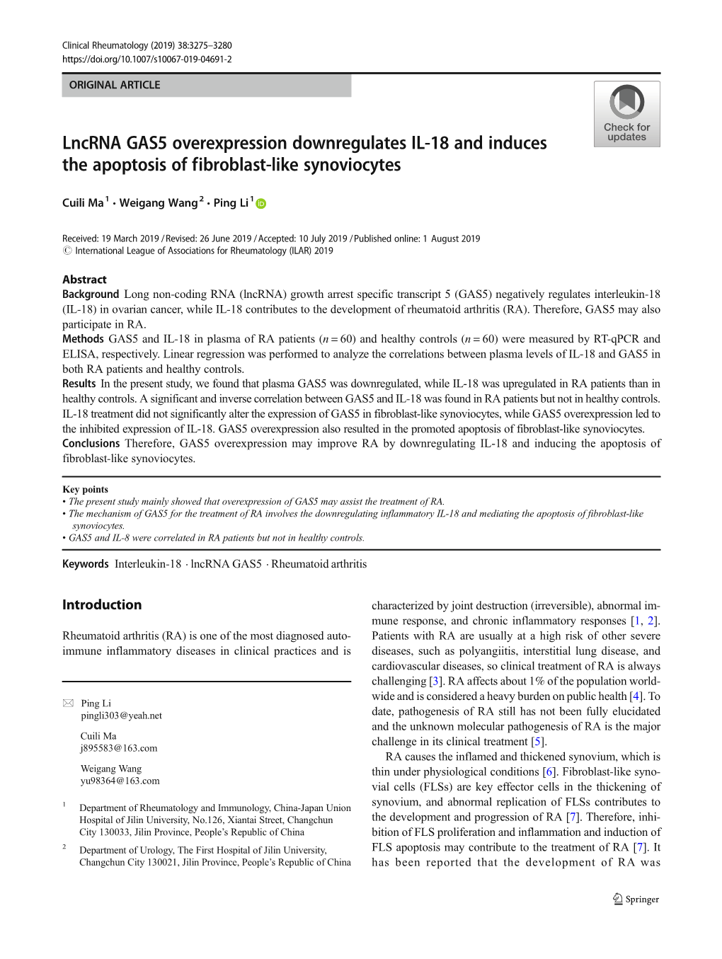 Lncrna GAS5 Overexpression Downregulates IL-18 and Induces the Apoptosis of Fibroblast-Like Synoviocytes