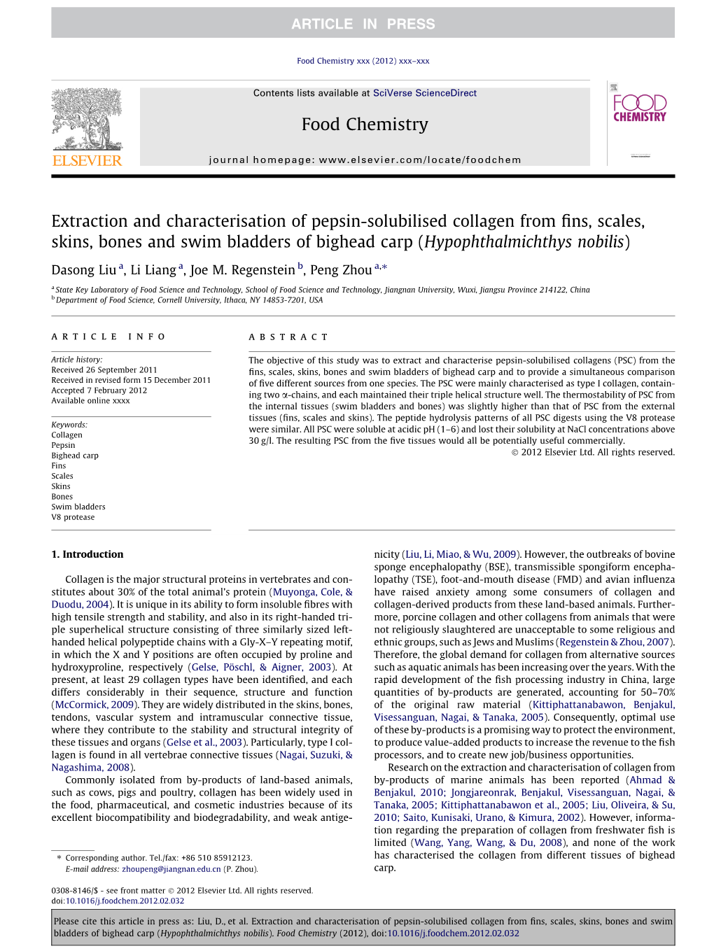 Extraction and Characterisation of Pepsin-Solubilised Collagen from Fins, Scales, Skins, Bones and Swim Bladders of Bighead Carp