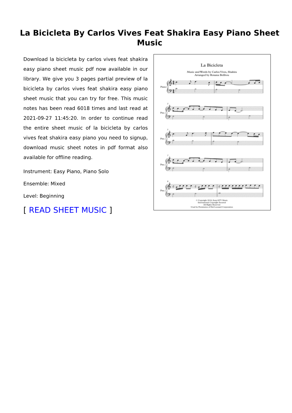 La Bicicleta by Carlos Vives Feat Shakira Easy Piano Sheet Music