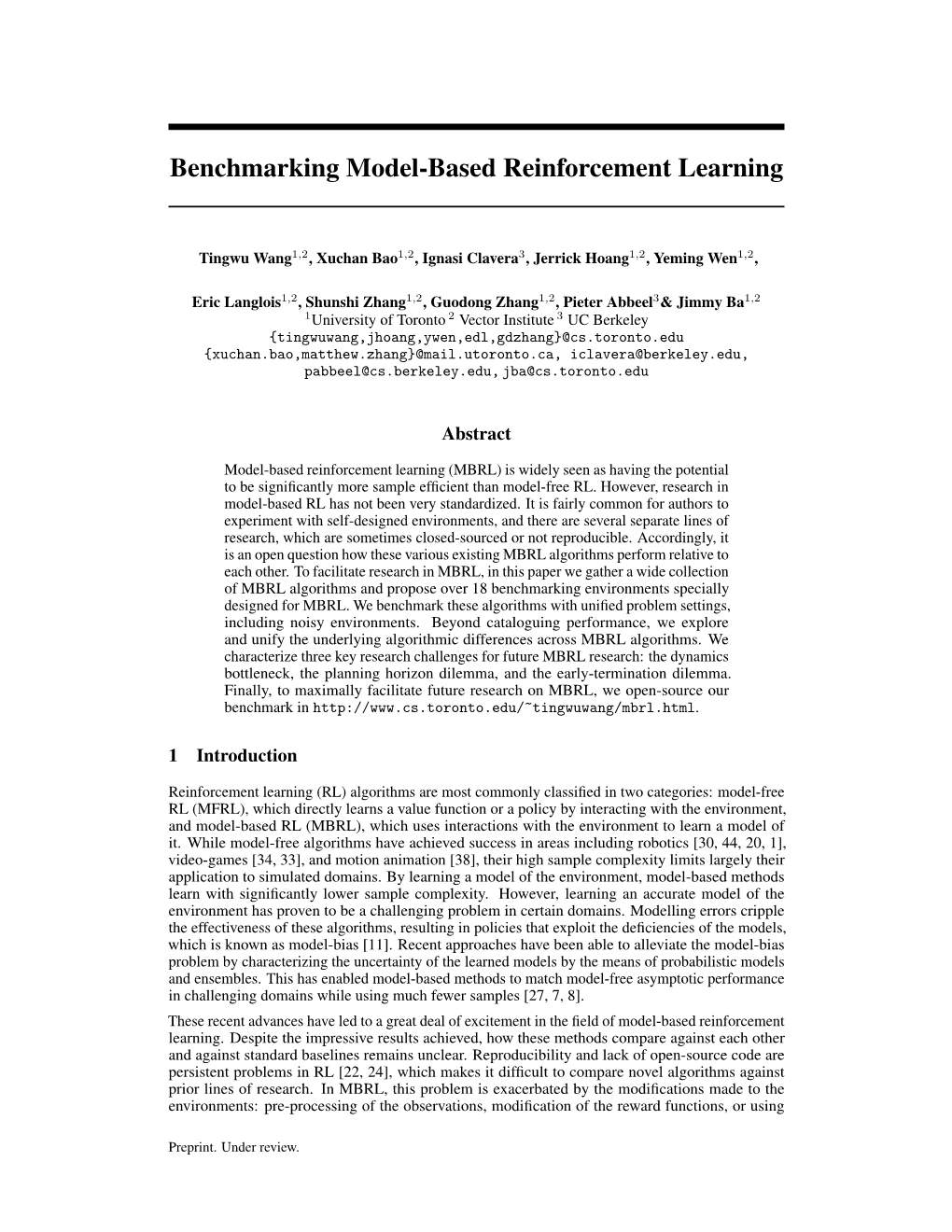 Benchmarking Model-Based Reinforcement Learning