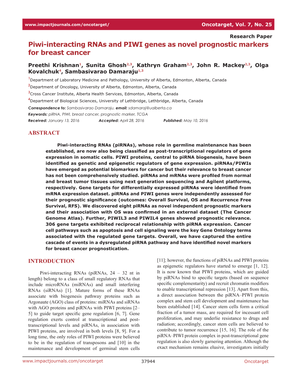 Piwi-Interacting Rnas and PIWI Genes As Novel Prognostic Markers for Breast Cancer