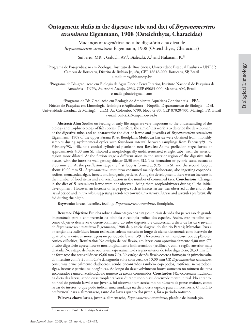 Ontogenetic Shifts in the Digestive Tube and Diet of Bryconamericus