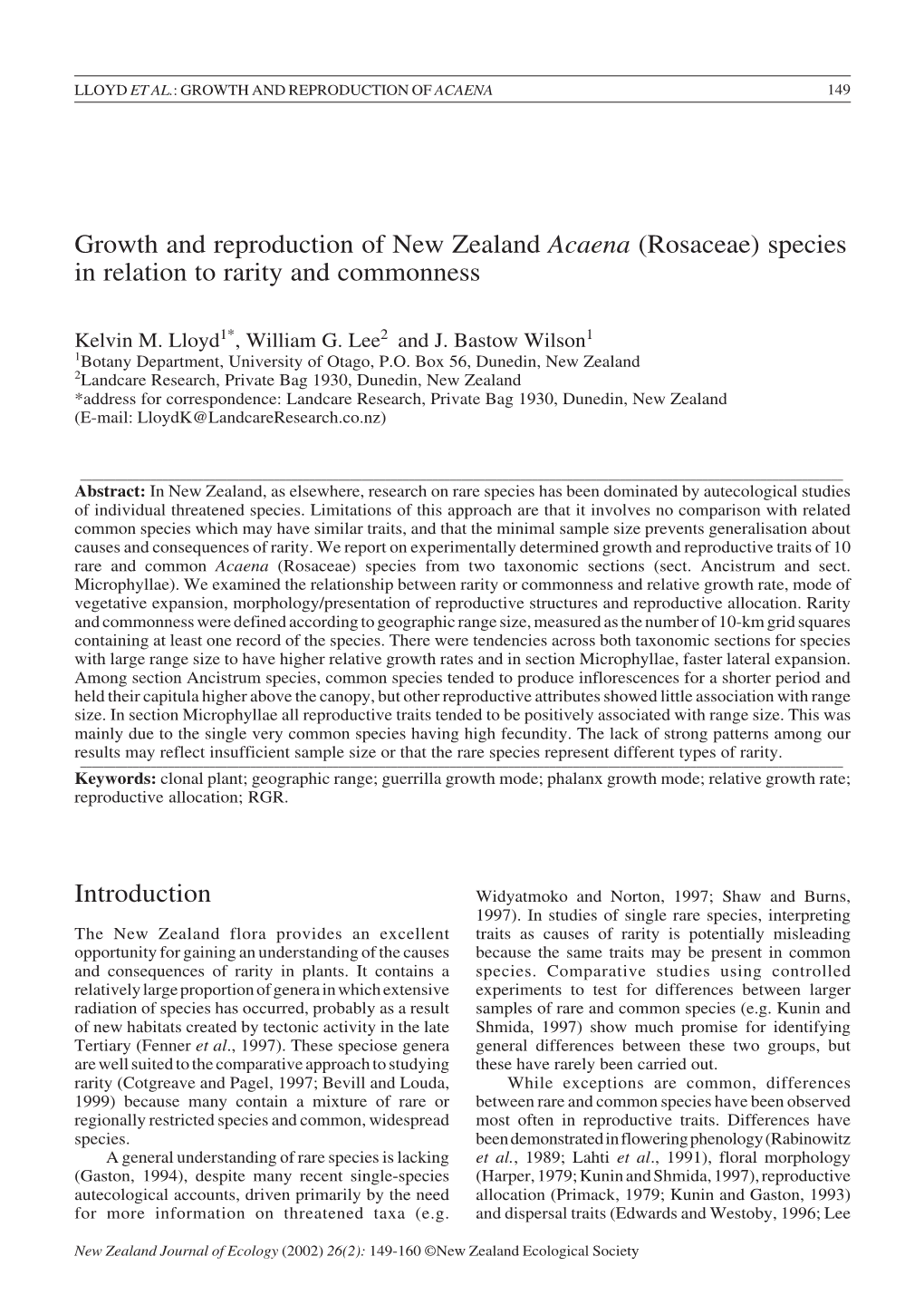 Growth and Reproduction of New Zealand Acaena (Rosaceae) Species in Relation to Rarity and Commonness