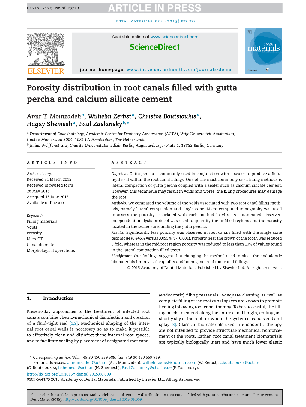 Porosity Distribution in Root Canals Filled with Gutta Percha and Calcium