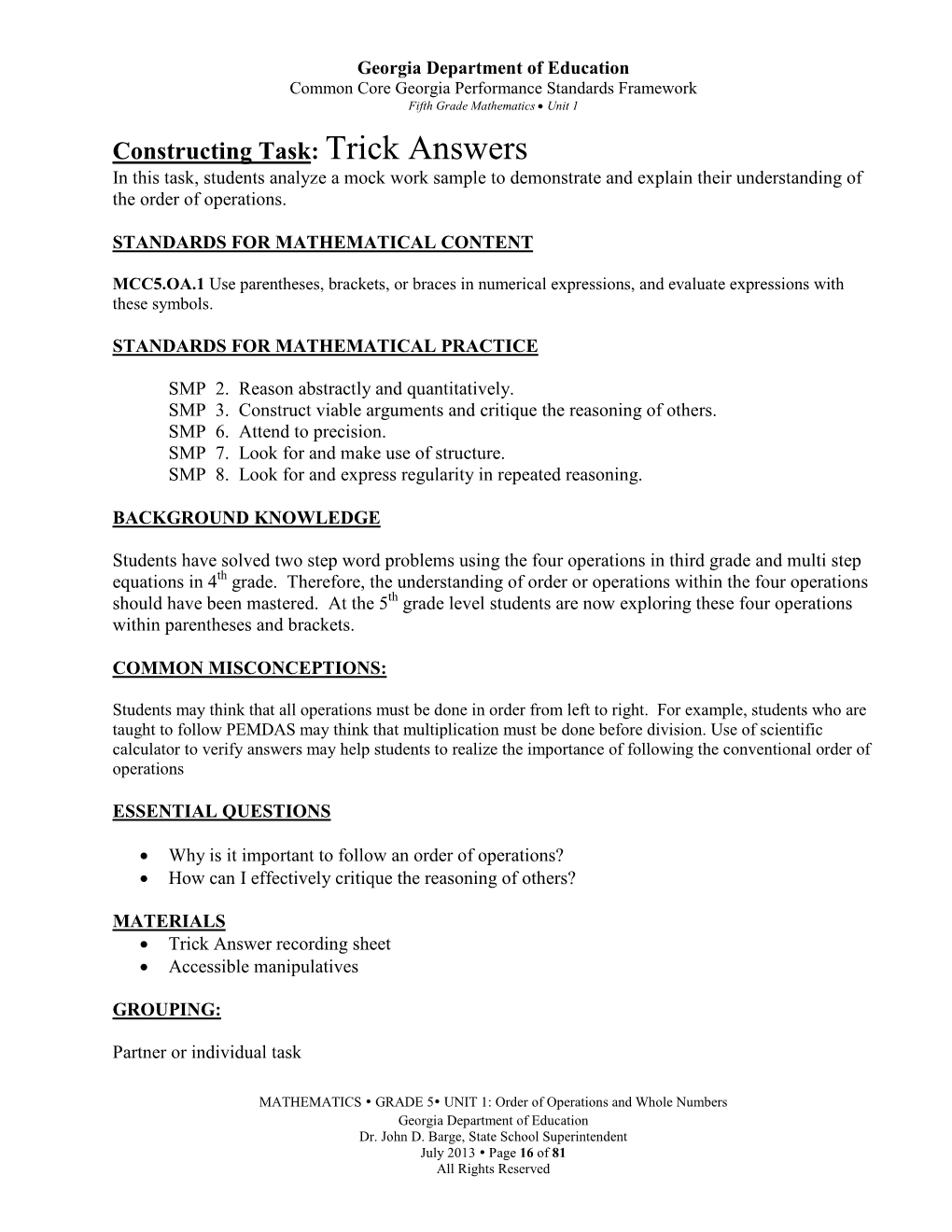 Trick Answers in This Task, Students Analyze a Mock Work Sample to Demonstrate and Explain Their Understanding of the Order of Operations