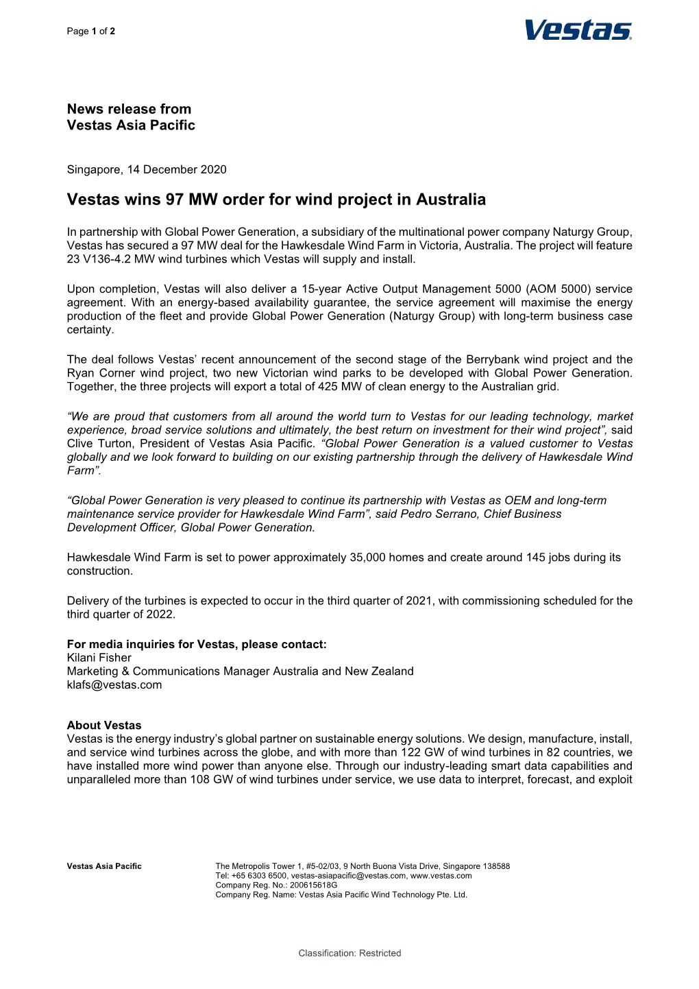 Vestas Wins 97 MW Order for Wind Project in Australia