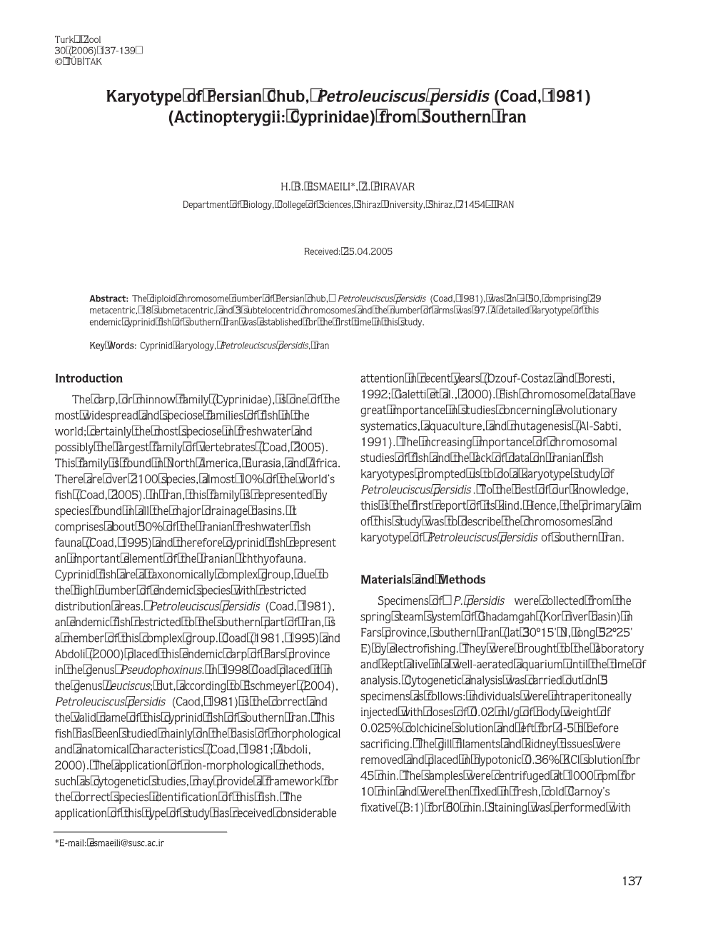 Karyotype of Persian Chub, Petroleuciscus Persidis (Coad, 1981) (Actinopterygii: Cyprinidae) from Southern Iran