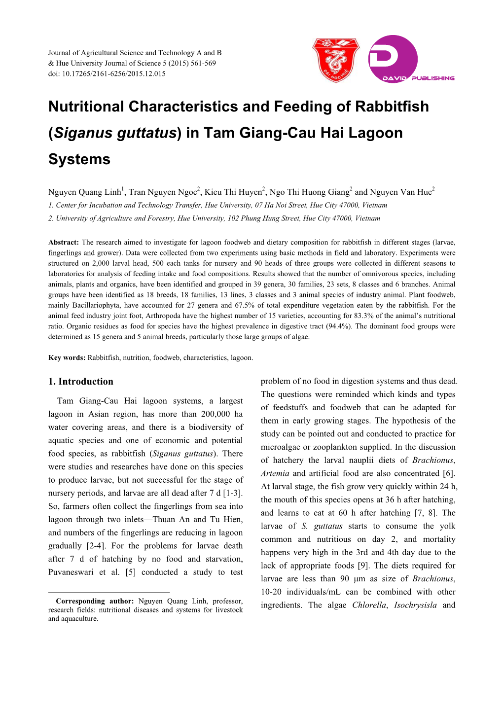 Nutritional Characteristics and Feeding of Rabbitfish (Siganus Guttatus) in Tam Giang-Cau Hai Lagoon Systems