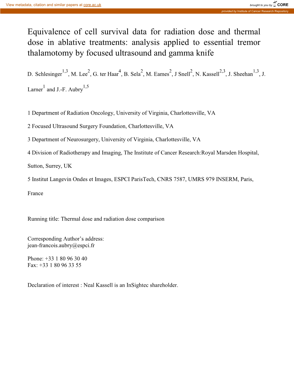 Equivalence of Cell Survival Data for Radiation Dose and Thermal