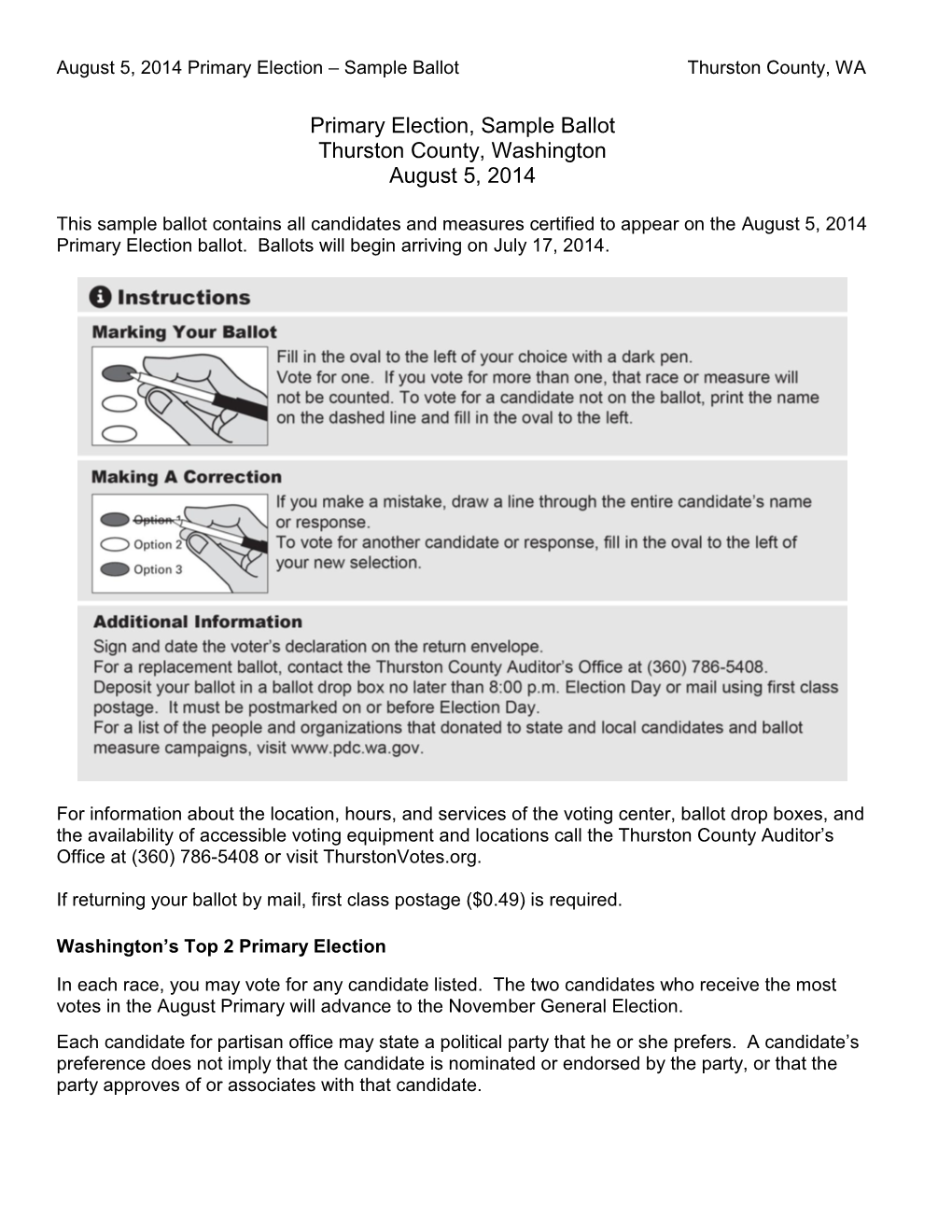 August 5, 2014 Primary Election – Sample Ballot Thurston County, WA