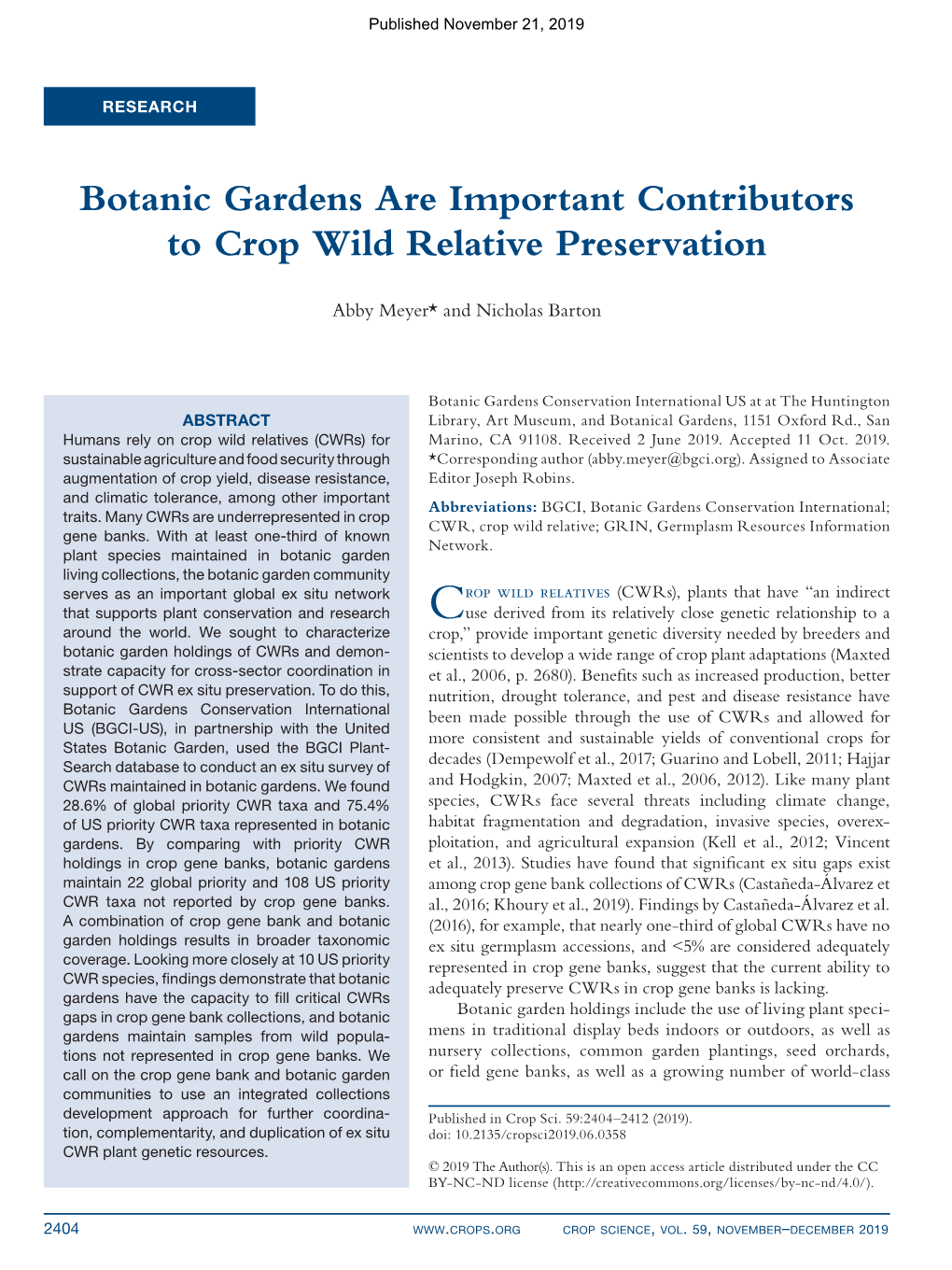 Botanic Gardens Are Important Contributors to Crop Wild Relative Preservation