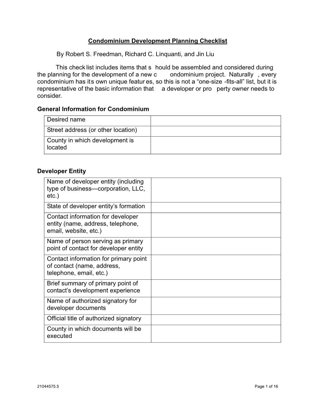 Checklist for Condominium Development