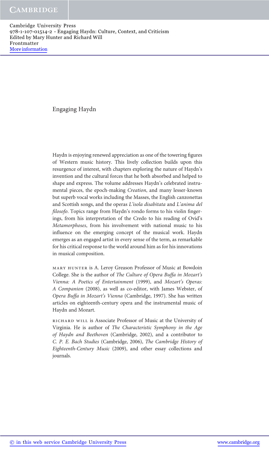 Engaging Haydn: Culture, Context, and Criticism Edited by Mary Hunter and Richard Will Frontmatter More Information