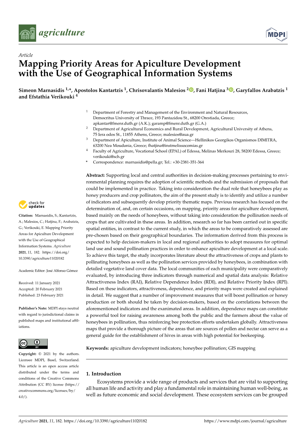 Mapping Priority Areas for Apiculture Development with the Use of Geographical Information Systems