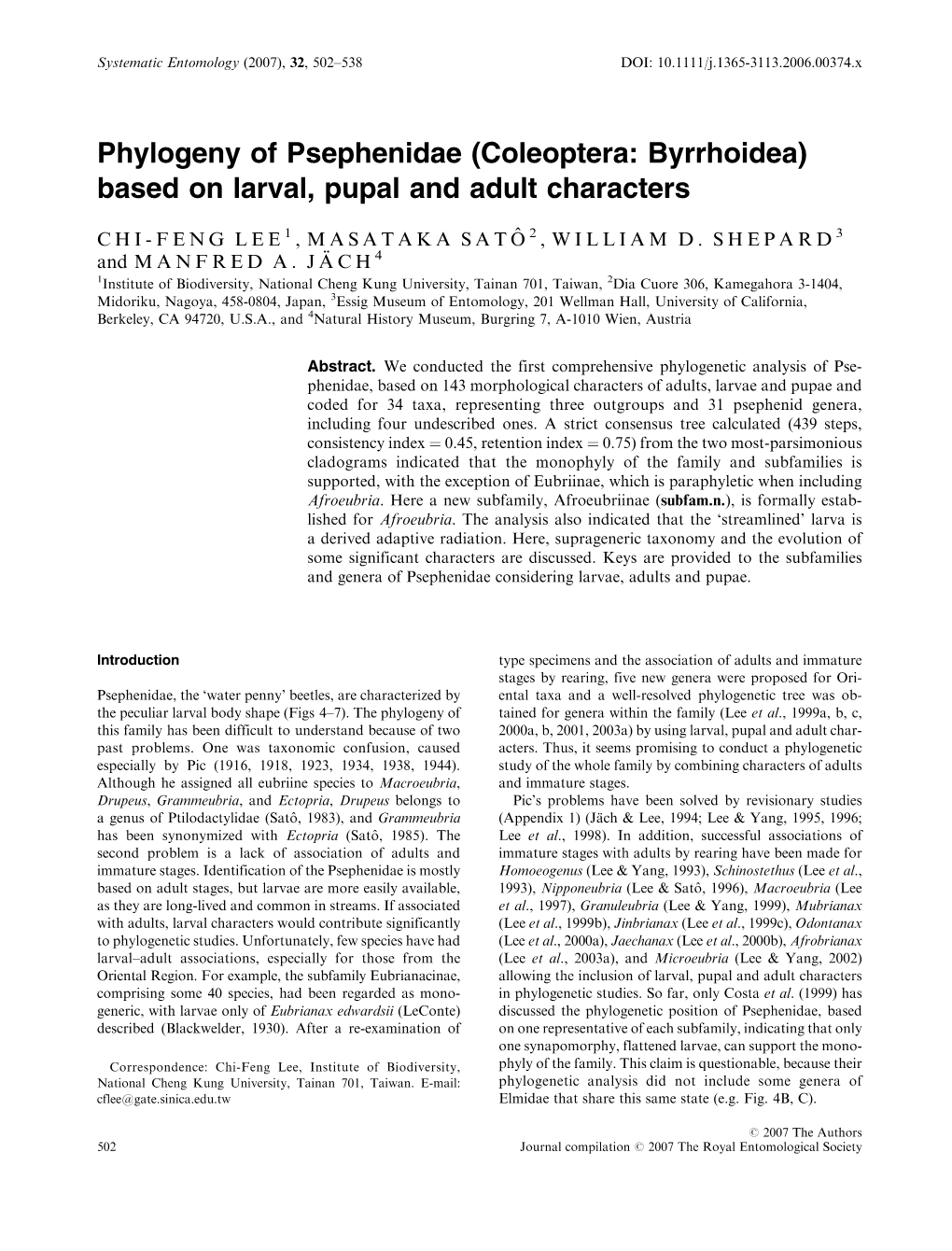 Phylogeny of Psephenidae (Coleoptera: Byrrhoidea) Based on Larval, Pupal and Adult Characters