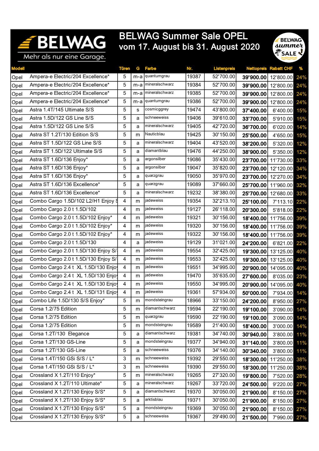 BELWAG Summer Sale OPEL Vom 17