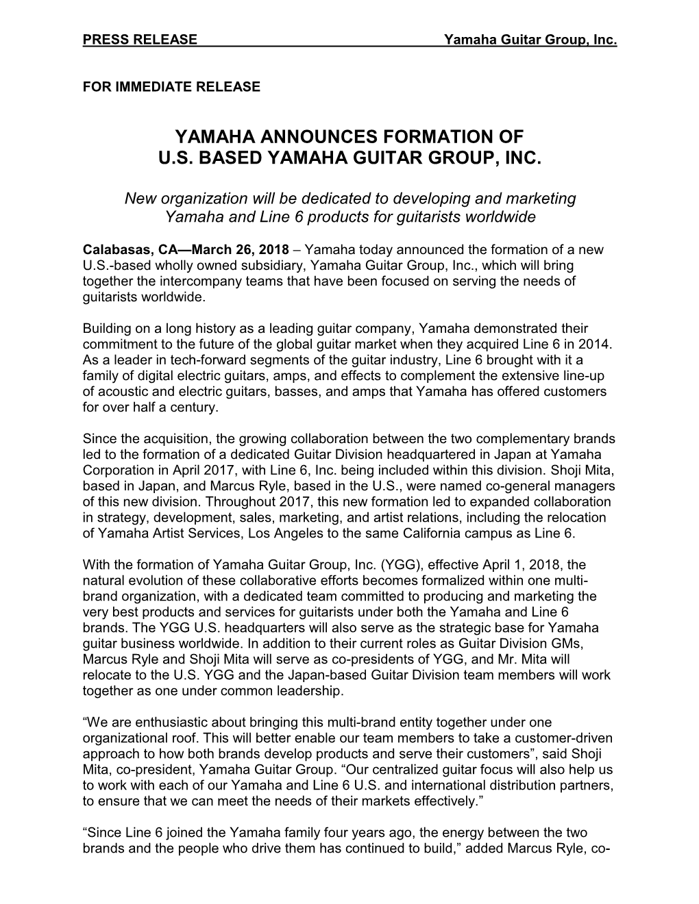 Yamaha Announces Formation of U.S. Based Yamaha Guitar Group, Inc