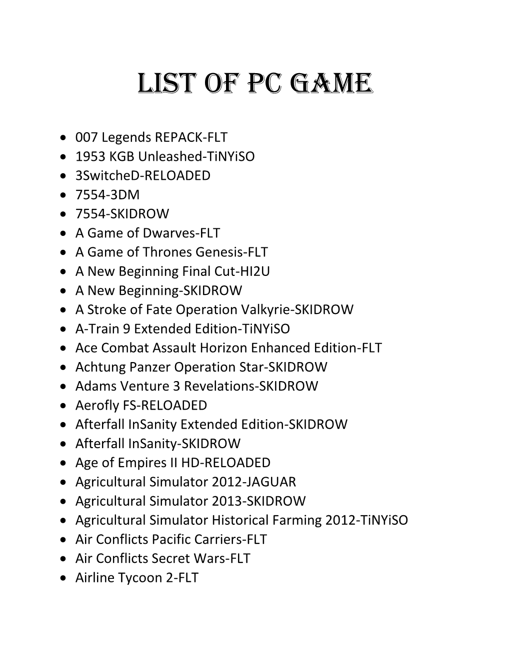 List of Pc Game