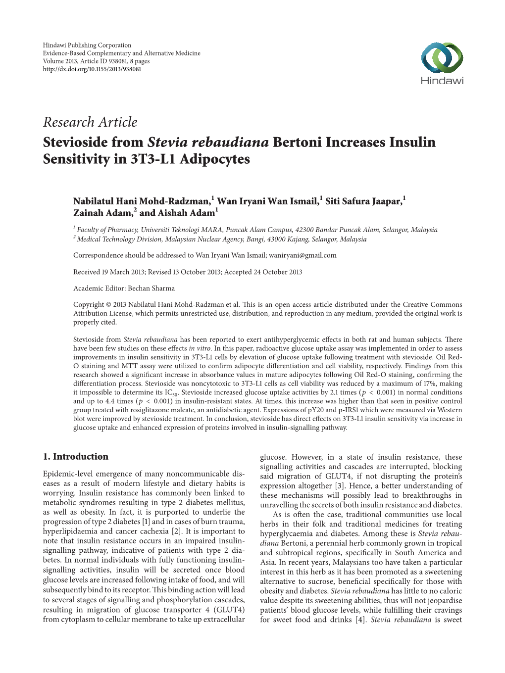 Stevioside from Stevia Rebaudiana Bertoni Increases Insulin Sensitivity in 3T3-L1 Adipocytes