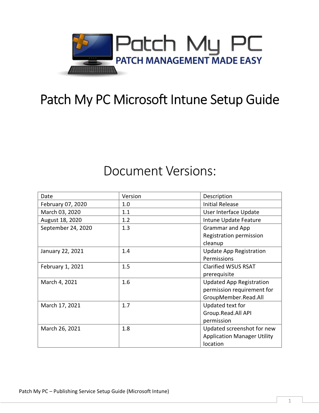 Patch My PC Microsoft Intune Setup Guide Document Versions