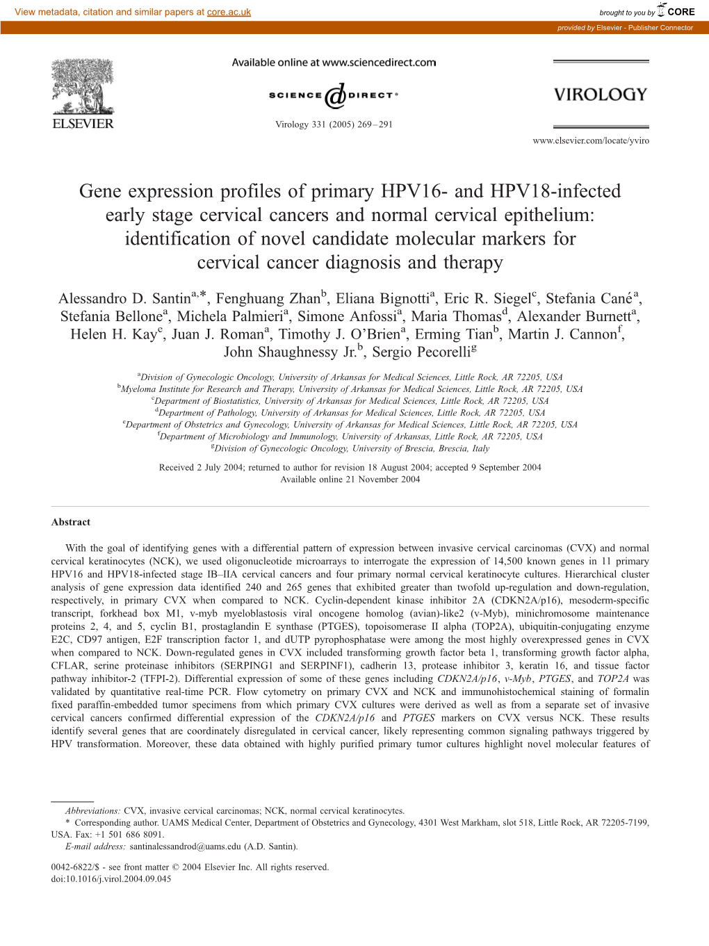 And HPV18-Infected Early Stage Cervical Cancers and Normal