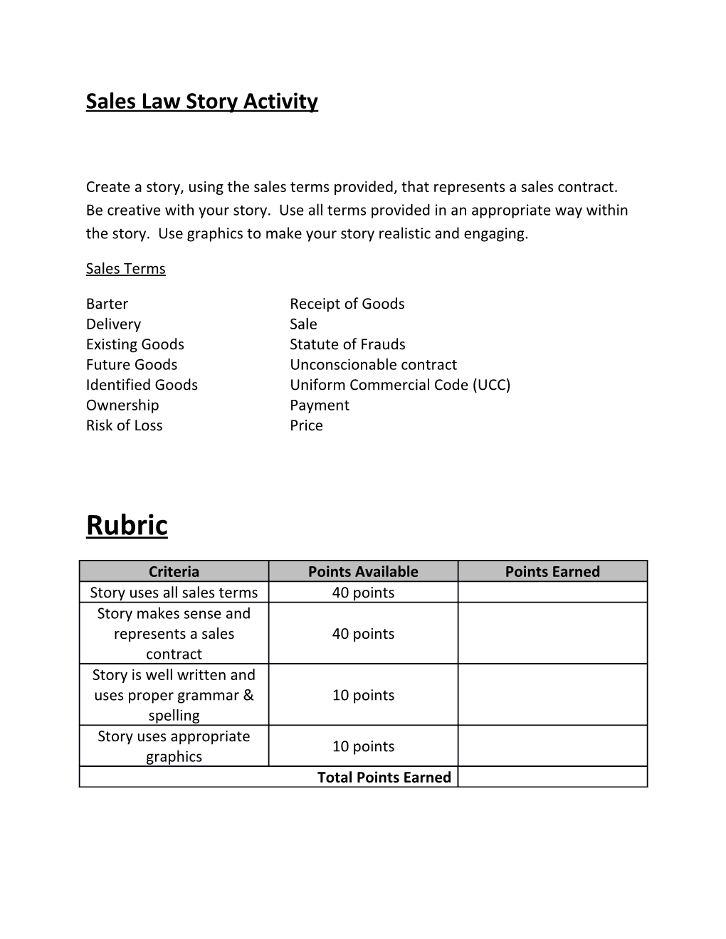 Sales Law Story Activity