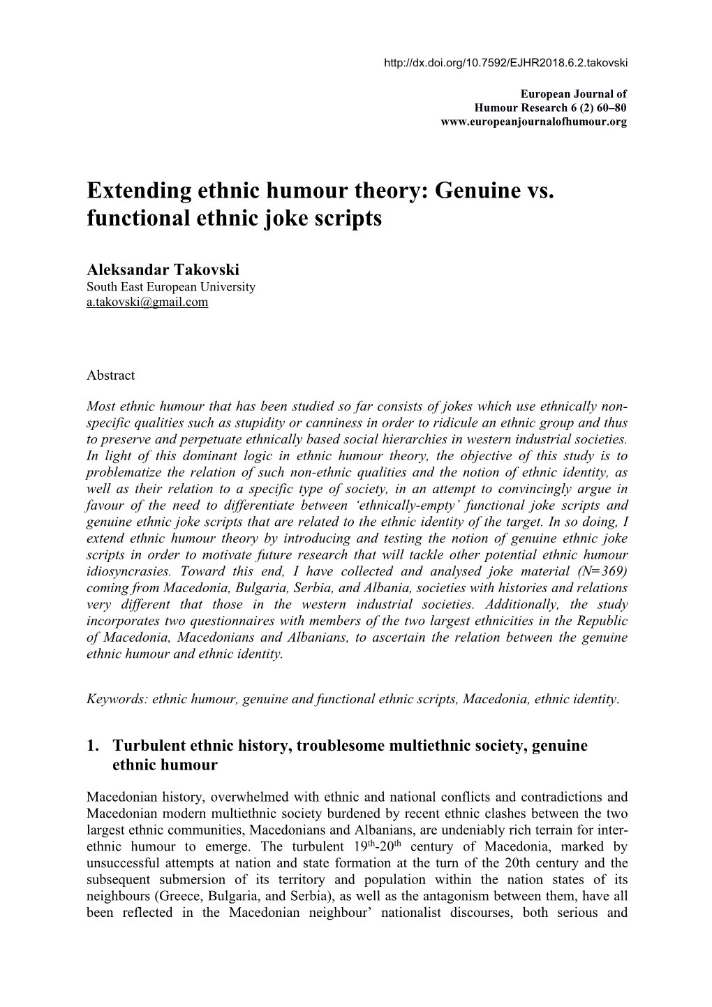 Extending Ethnic Humour Theory: Genuine Vs. Functional Ethnic Jokе Scripts