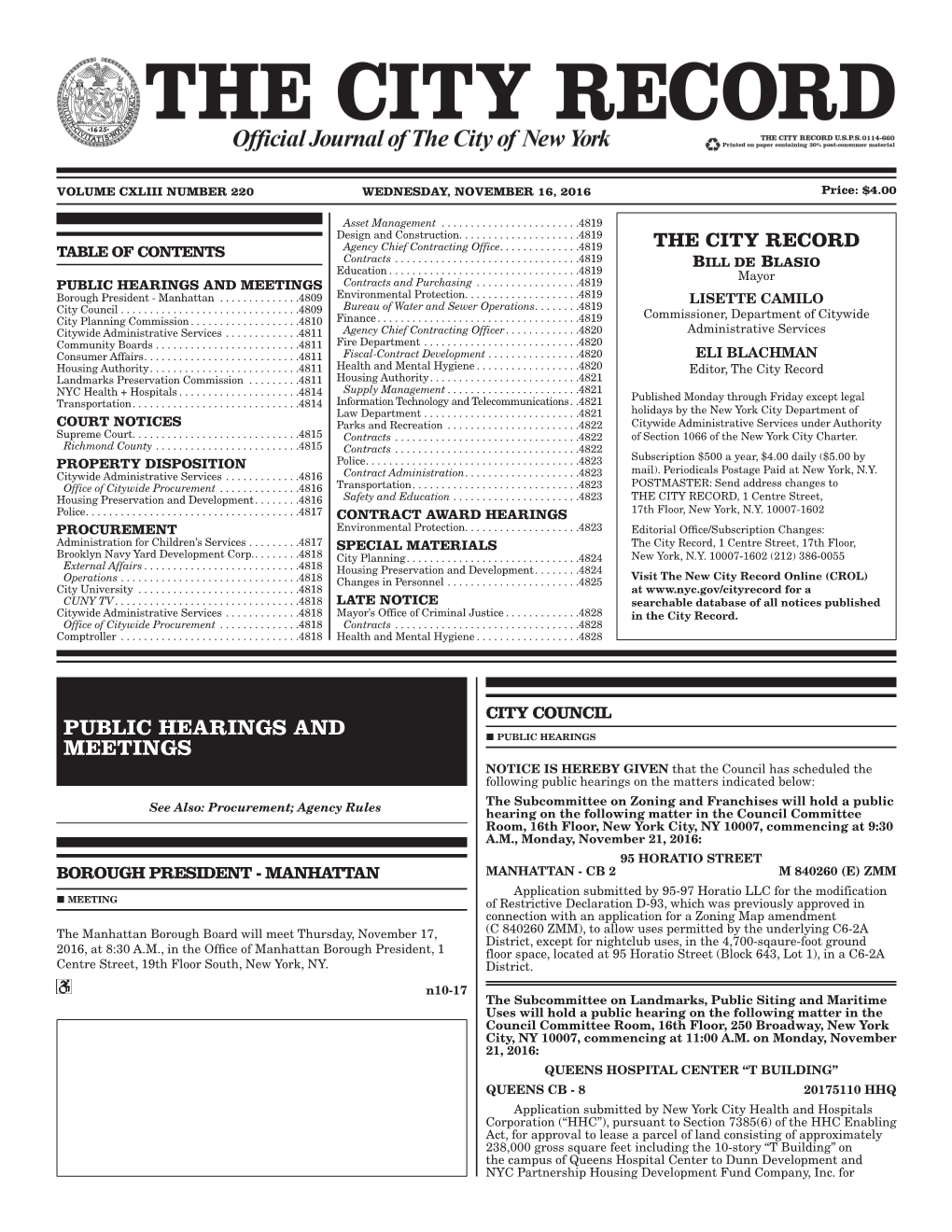 THE CITY RECORD TABLE of CONTENTS Agency Chief Contracting Office