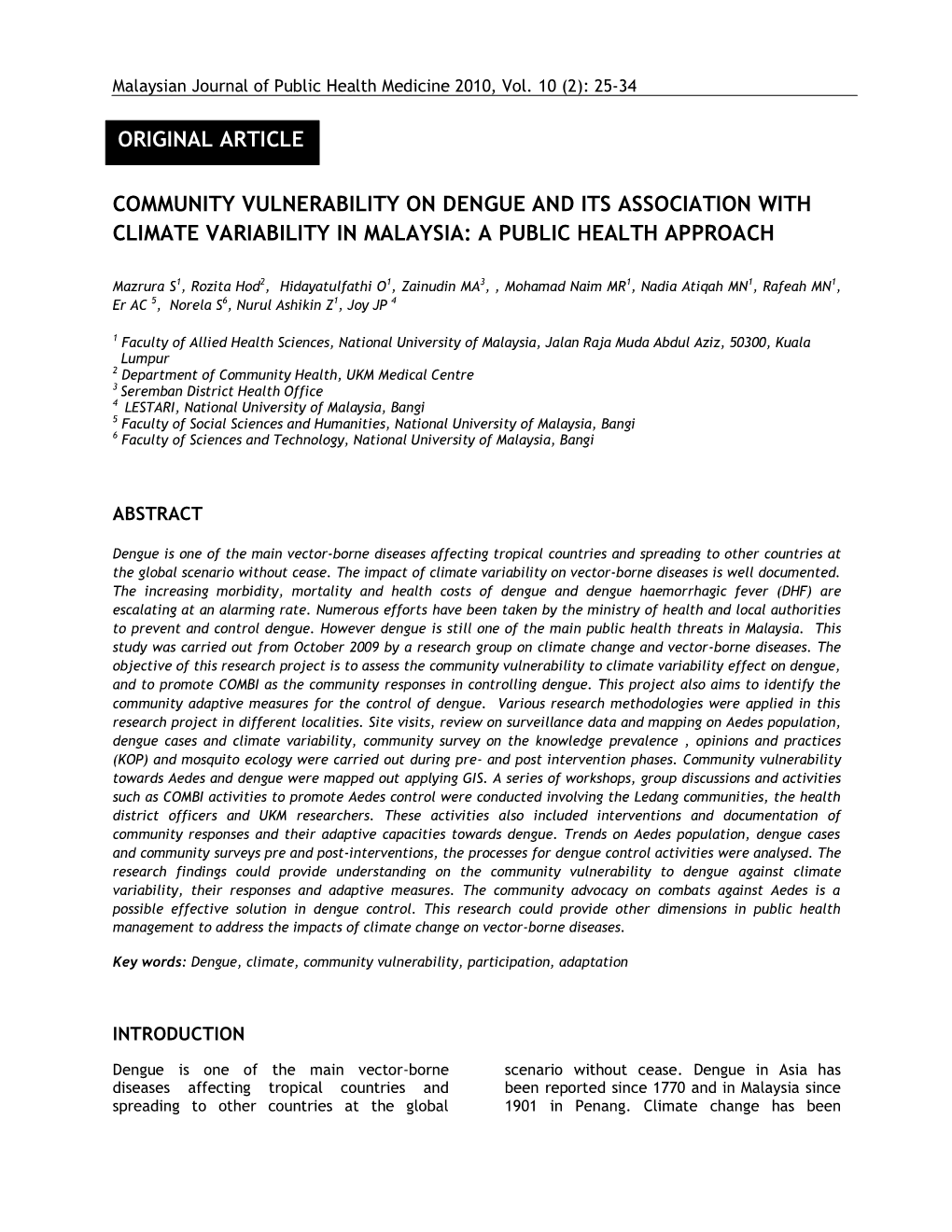 Community Vulnerability on Dengue and Its Association with Climate Variability in Malaysia: a Public Health Approach