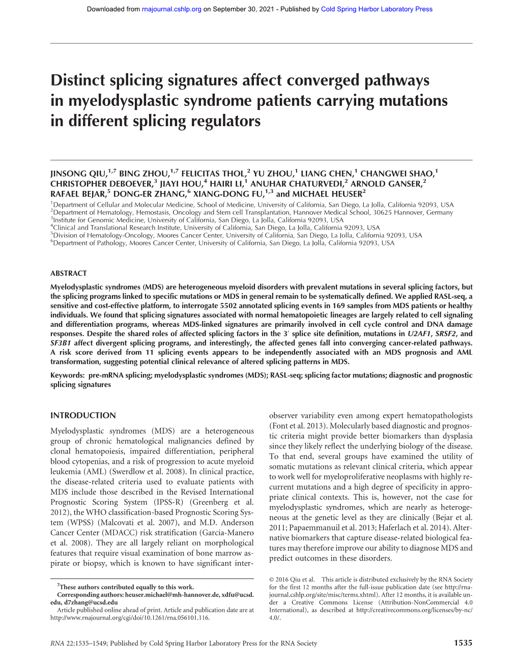 Distinct Splicing Signatures Affect Converged Pathways in Myelodysplastic Syndrome Patients Carrying Mutations in Different Splicing Regulators