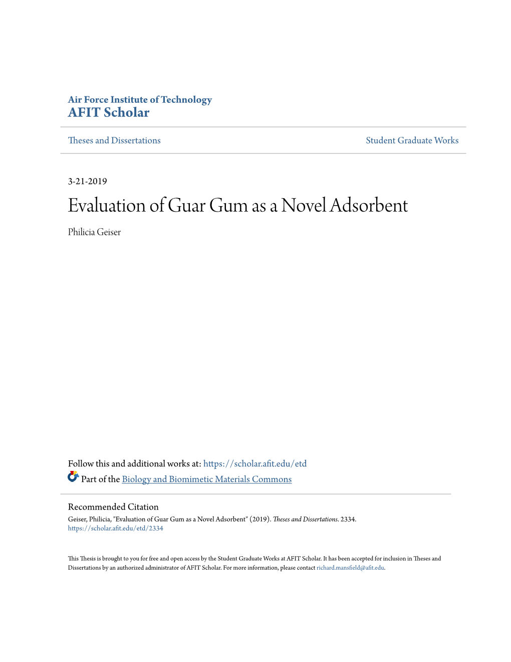 Evaluation of Guar Gum As a Novel Adsorbent Philicia Geiser