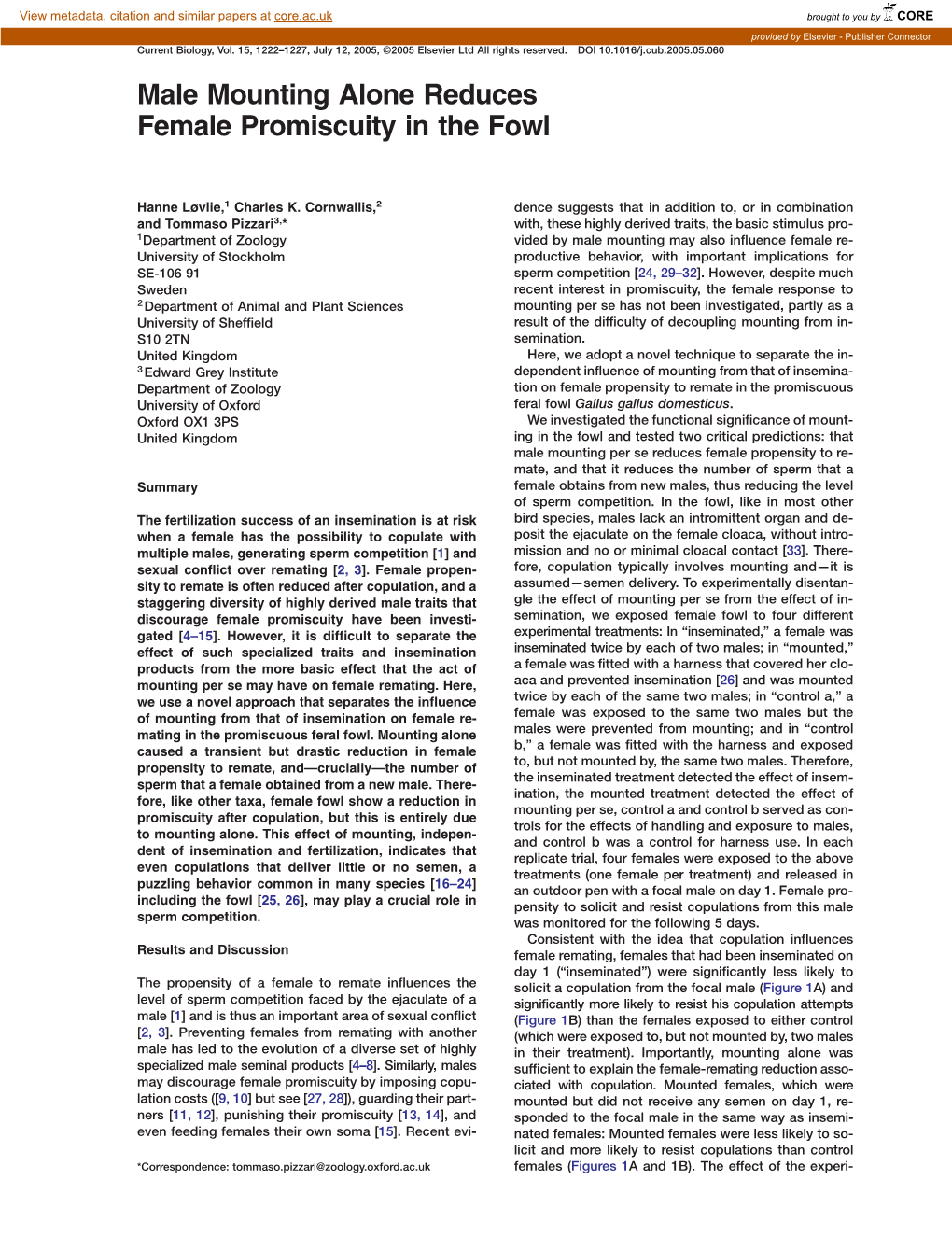 Male Mounting Alone Reduces Female Promiscuity in the Fowl